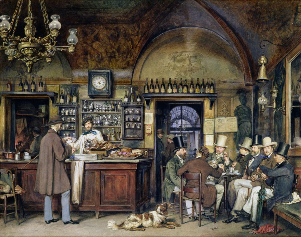 Painting by Ludwig Passini depicting a scene in the interior of Caffè Greco in Rome